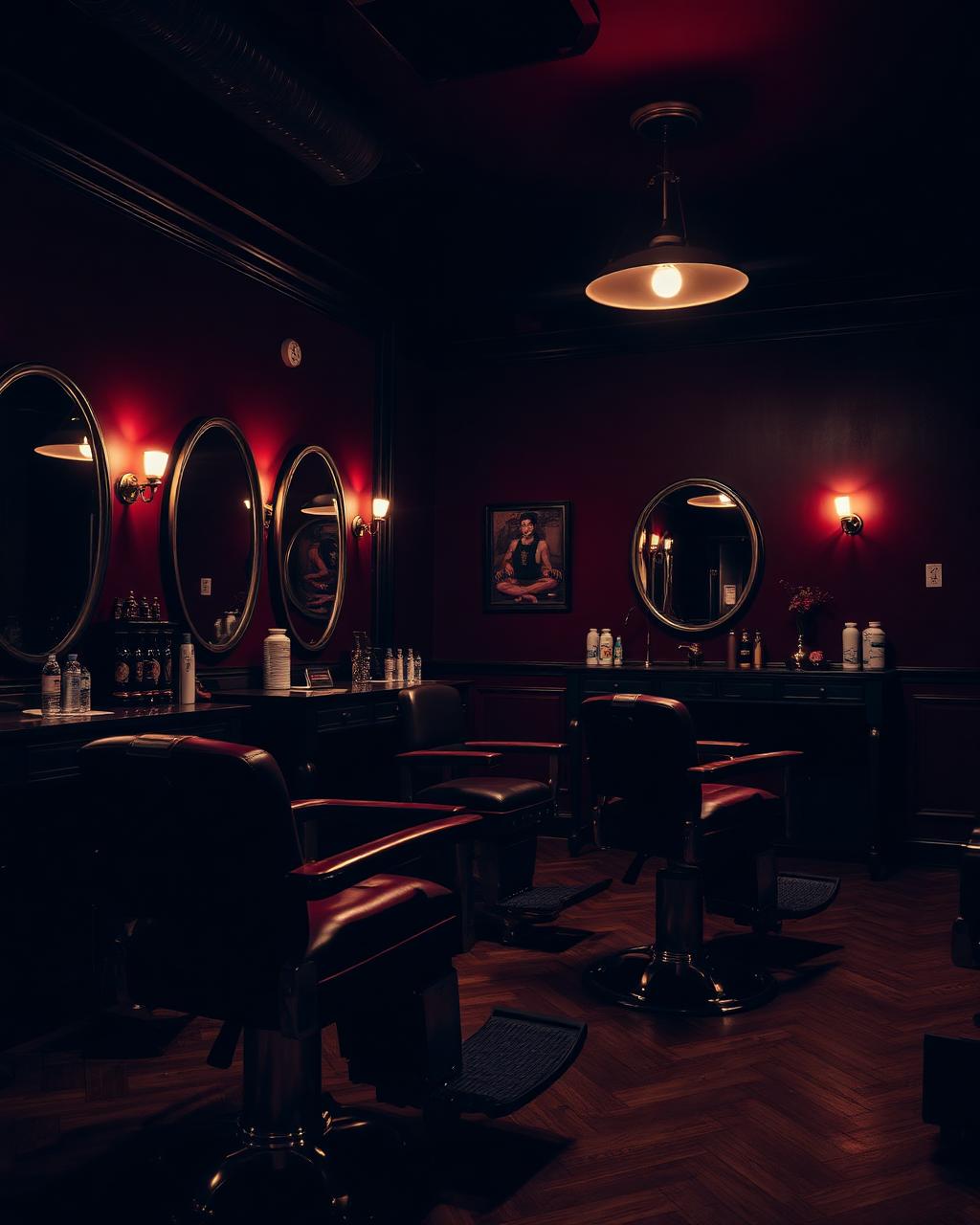 Burgundy barber room with vintage chairs